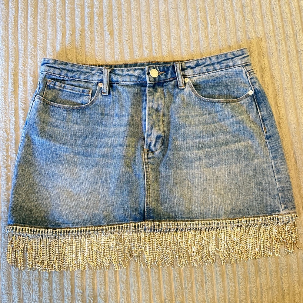 Blank NYC Blue Denim Mini Skirt with Gold Beaded Fringe